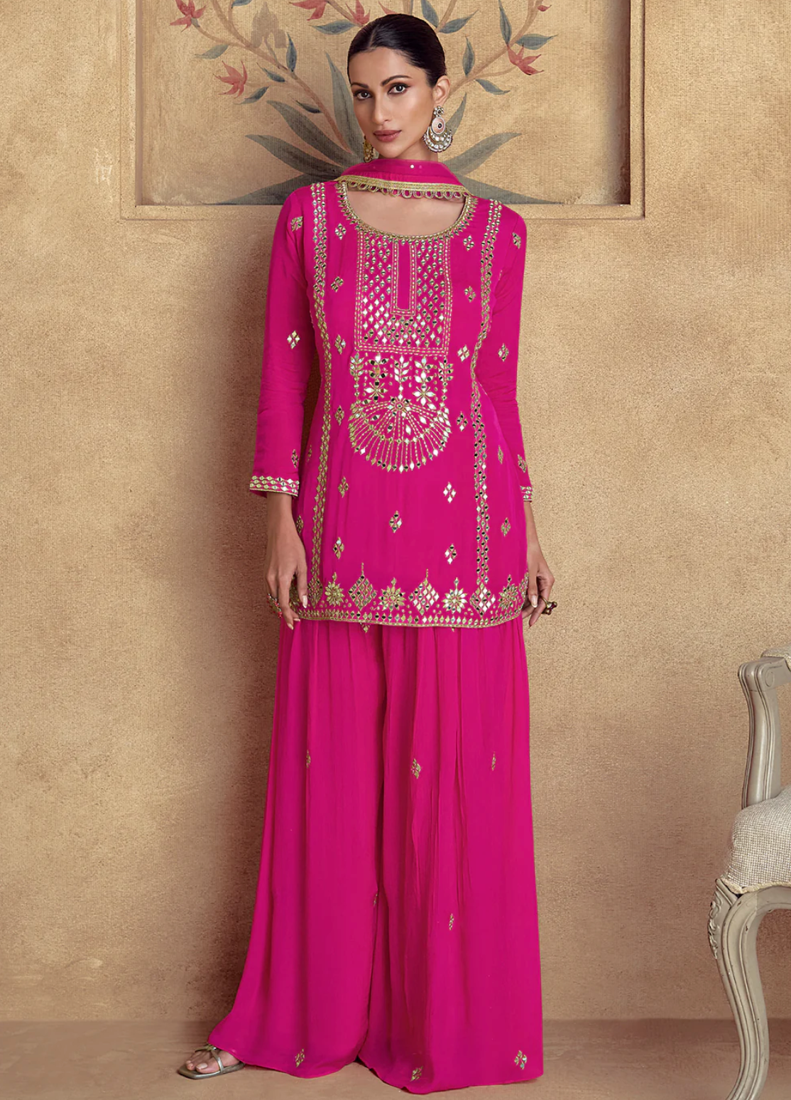 Rani Pink Mirror Embroidered Palazzo Set