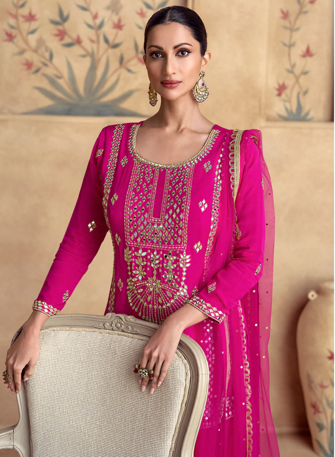 Rani Pink Mirror Embroidered Palazzo Set