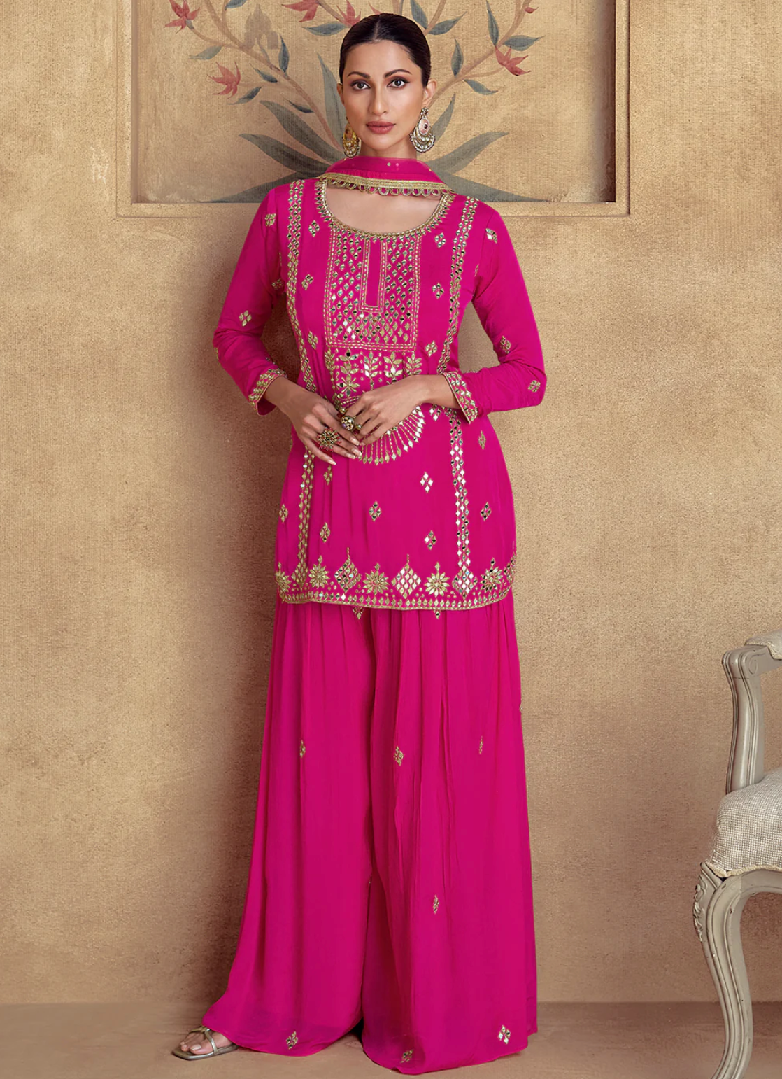 Rani Pink Mirror Embroidered Palazzo Set