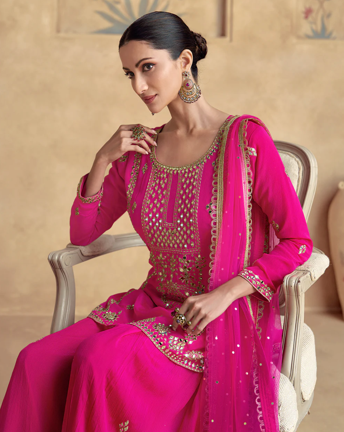 Rani Pink Mirror Embroidered Palazzo Set