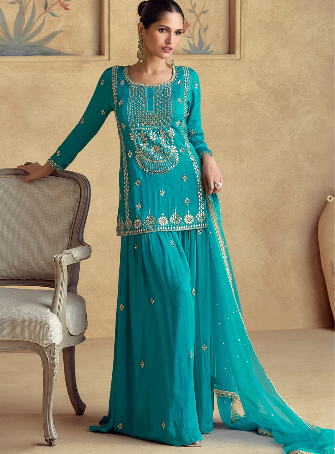 Blue Chinon Silk Embroidered Palazzo Set