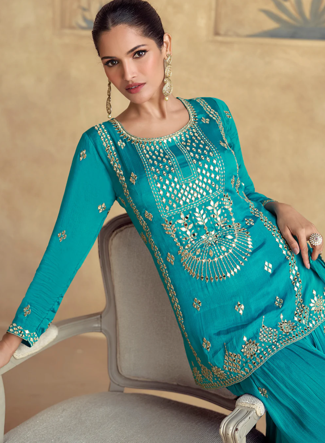 Blue Chinon Silk Embroidered Palazzo Set