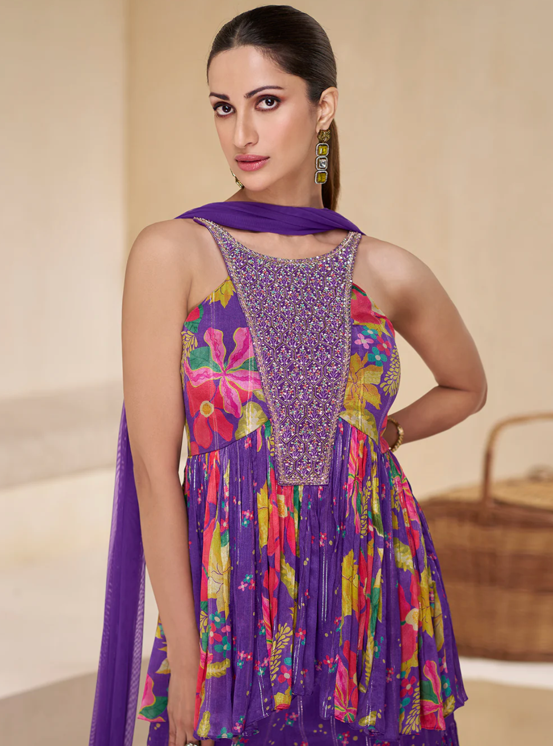 Digital Printed Embroidered Sharara Suit Set in Purple