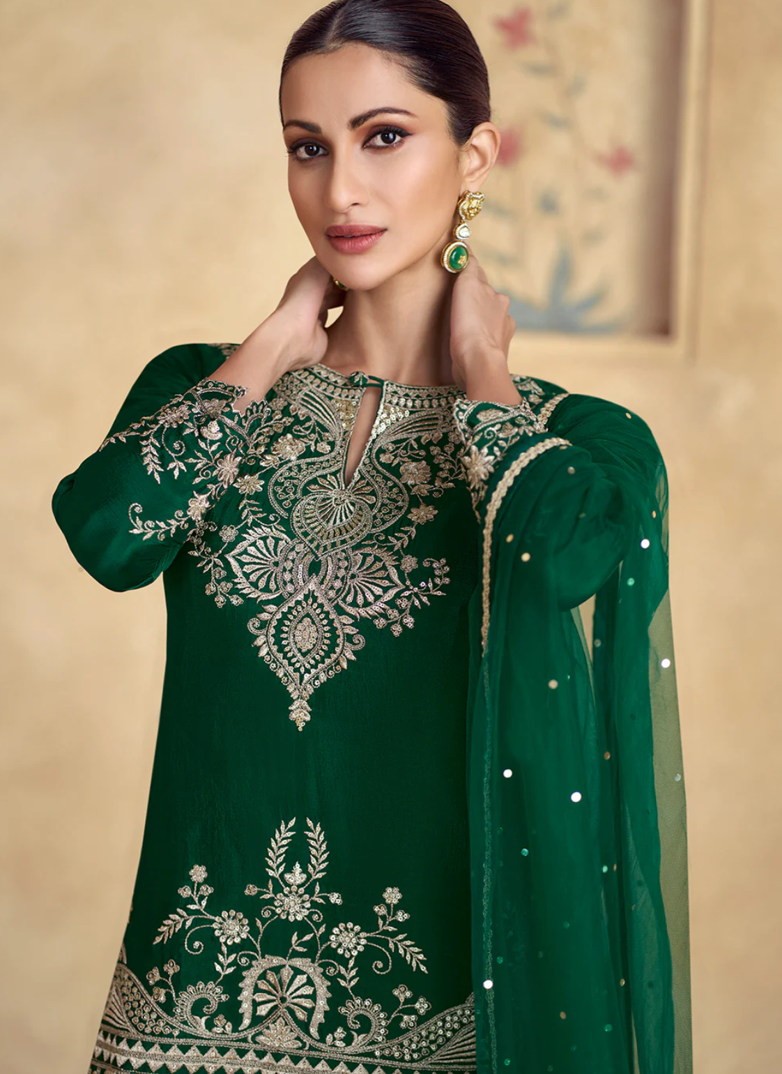 Green Premium Chinnon Silk Festive Sharara Suit Set
