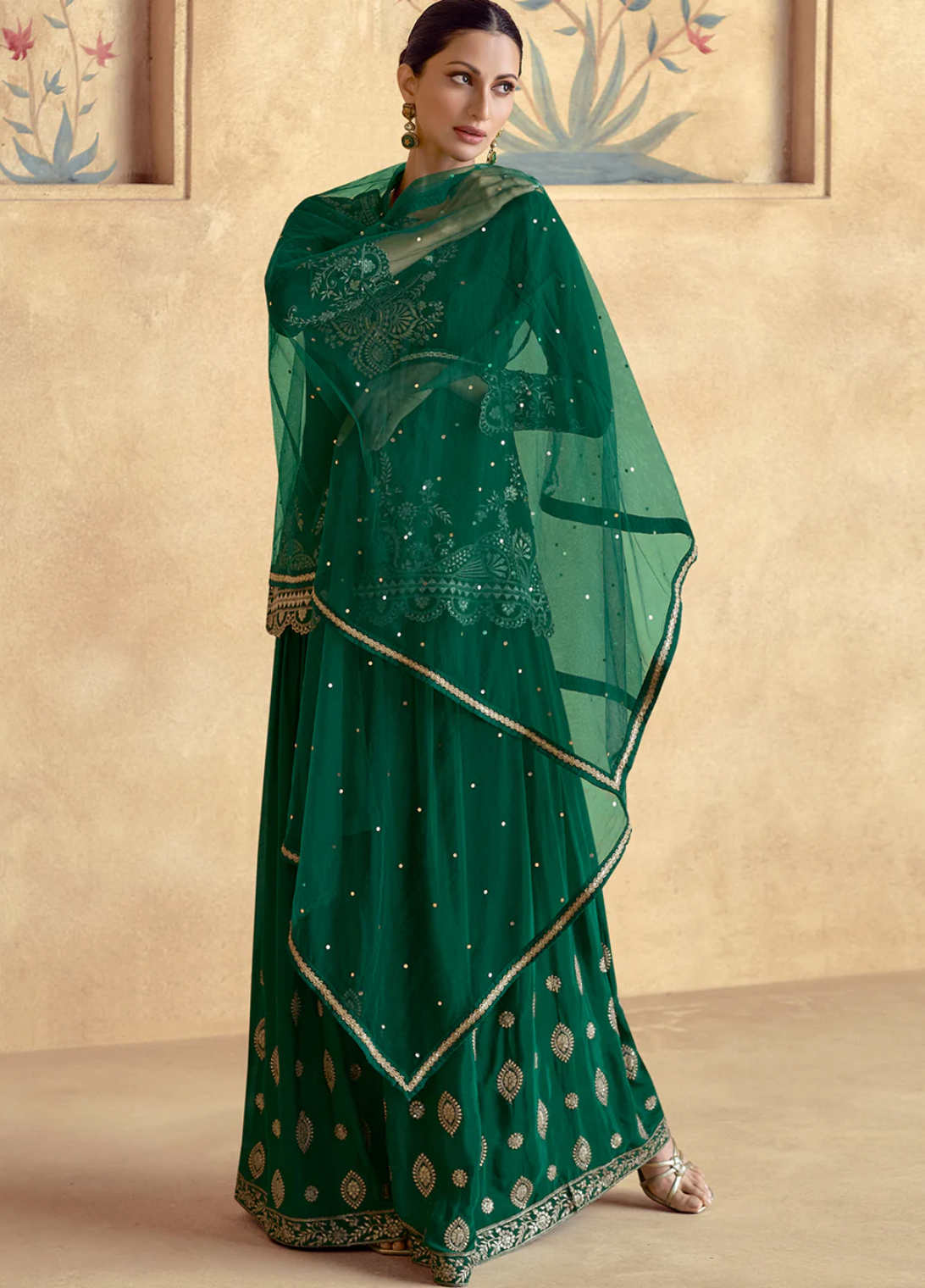 Green Premium Chinnon Silk Festive Sharara Suit Set