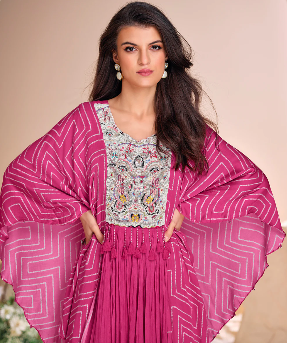 Pink Chinon Silk Kaftan Style Anarkali Gown
