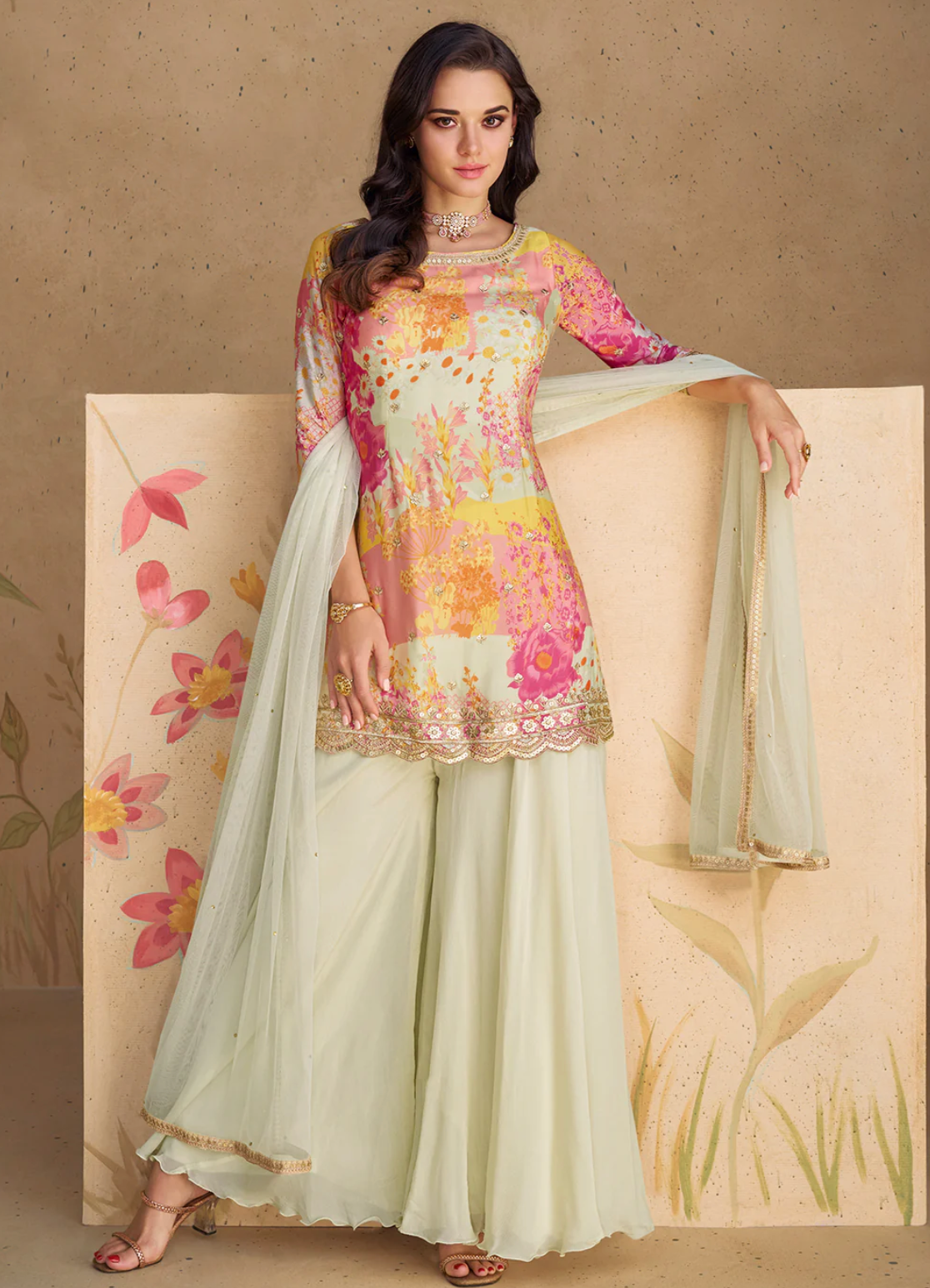 Pink and Beige Palazzo Set in Crepe Silk