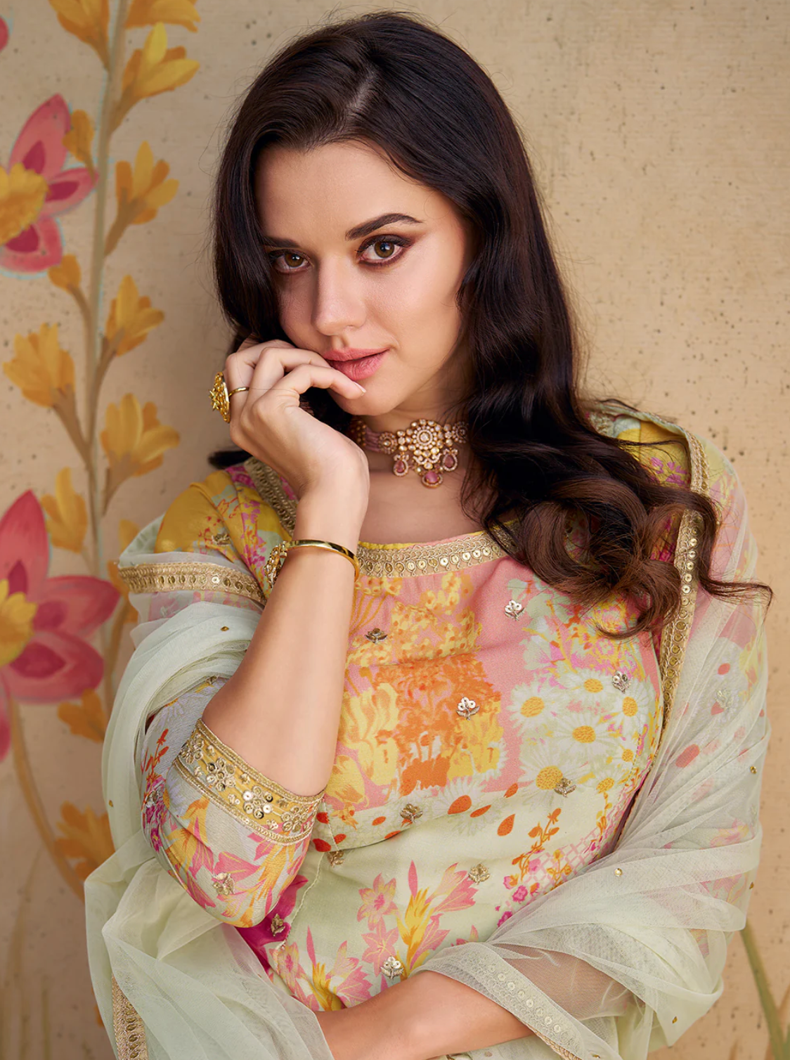 Pink and Beige Palazzo Set in Crepe Silk