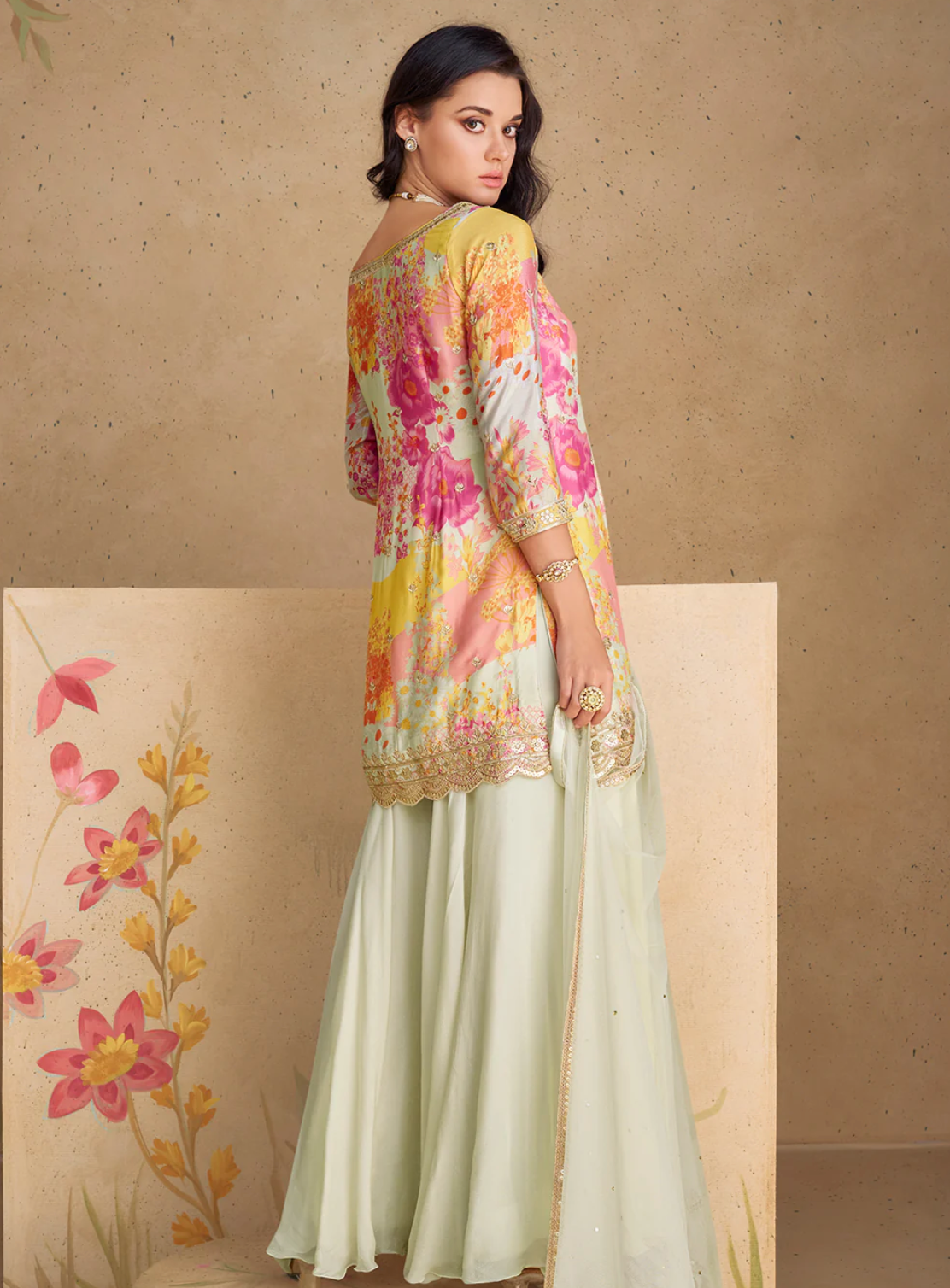 Pink and Beige Palazzo Set in Crepe Silk