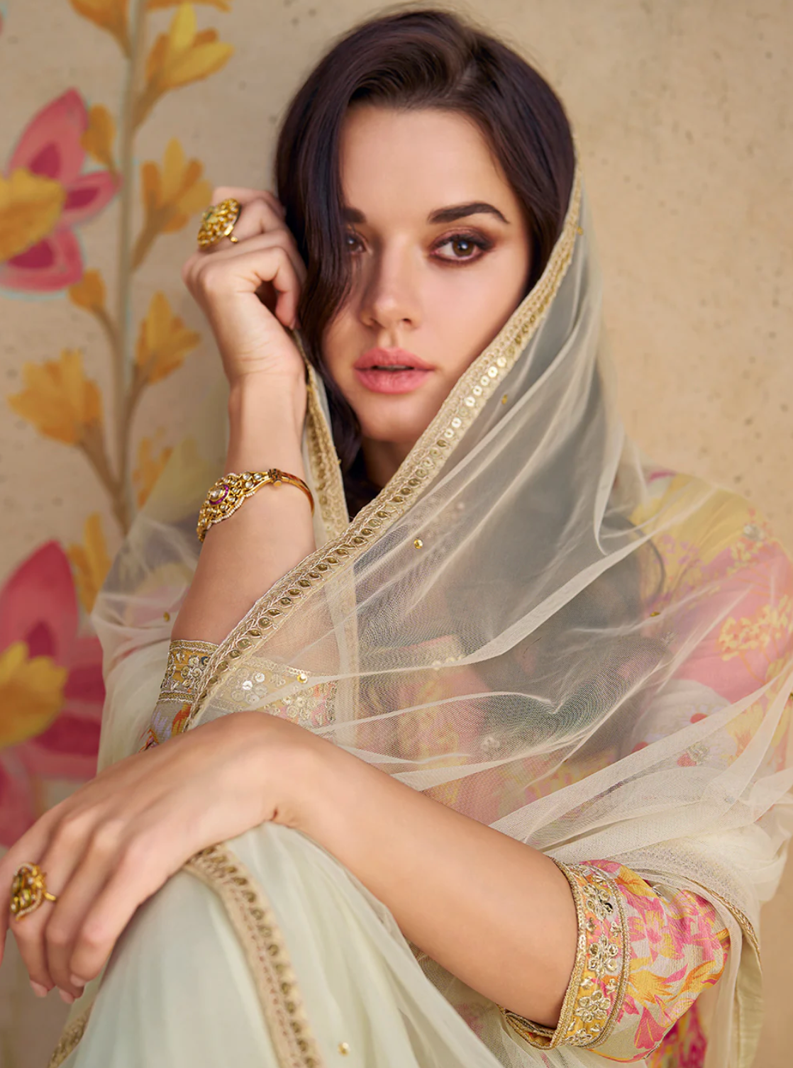 Pink and Beige Palazzo Set in Crepe Silk