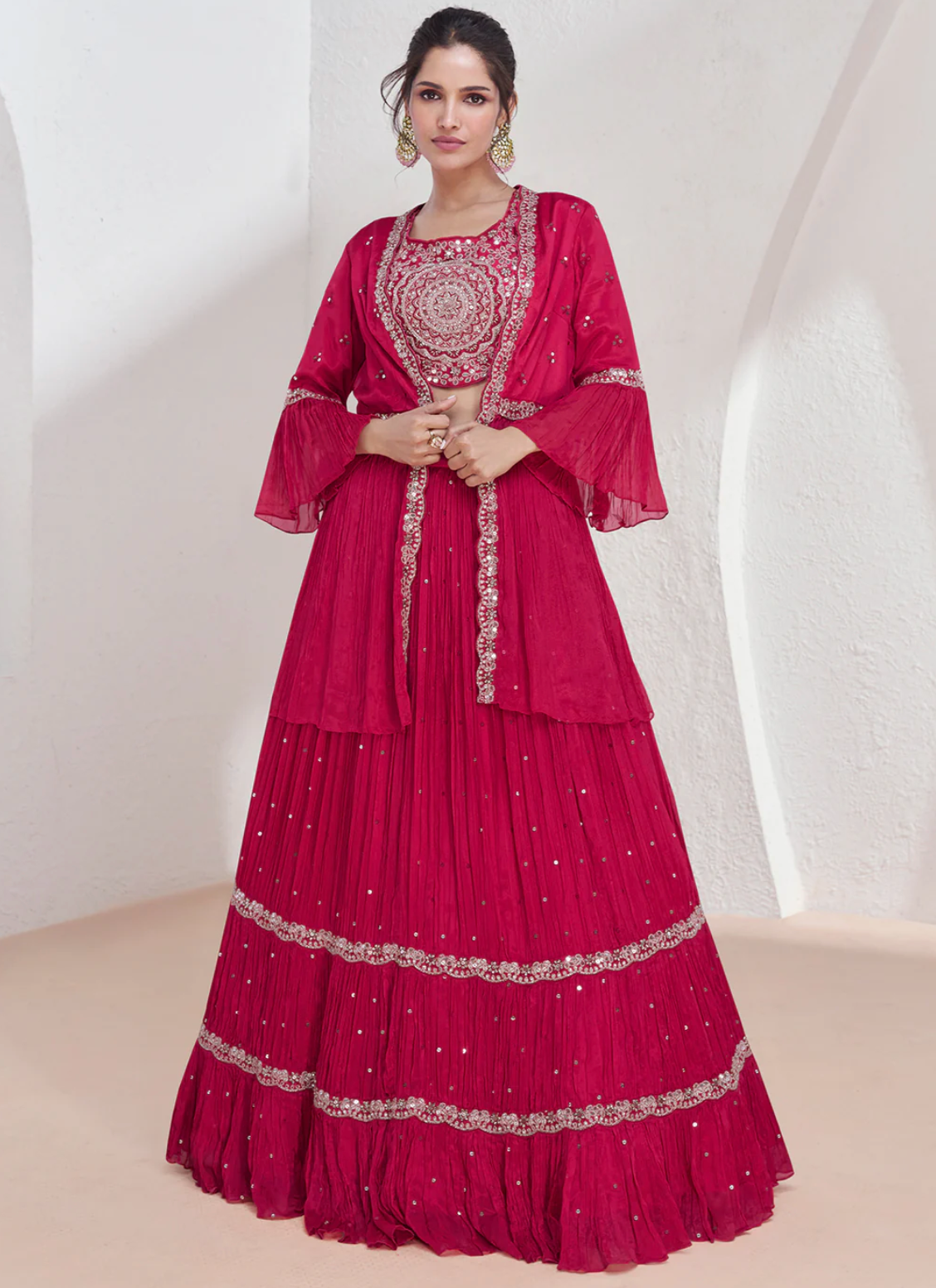 Georgette Embroidered Indo Western Lehenga Suit in Maroon