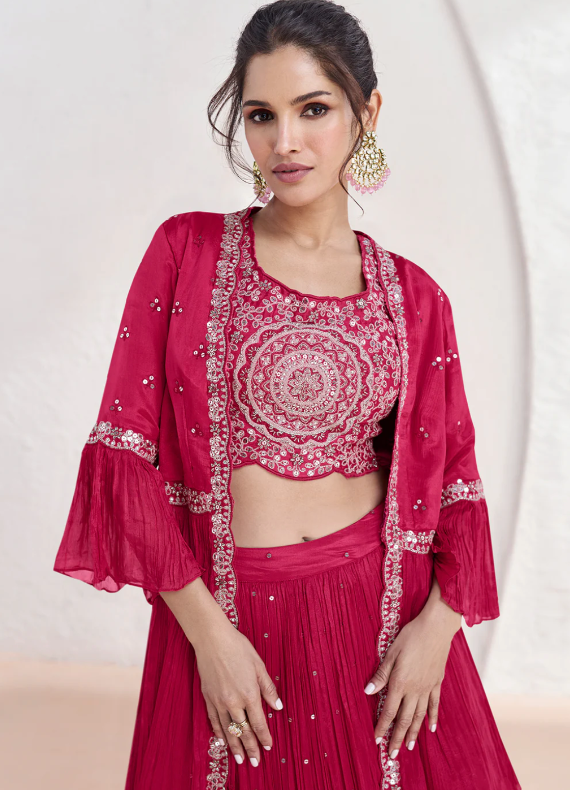 Georgette Embroidered Indo Western Lehenga Suit in Maroon