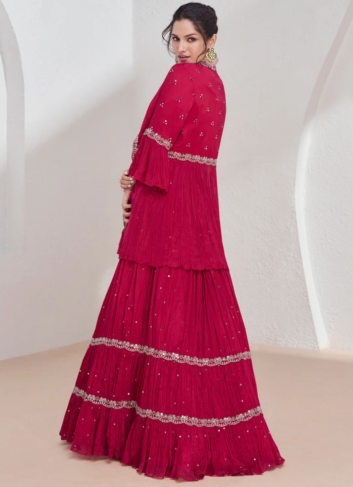 Georgette Embroidered Indo Western Lehenga Suit in Maroon