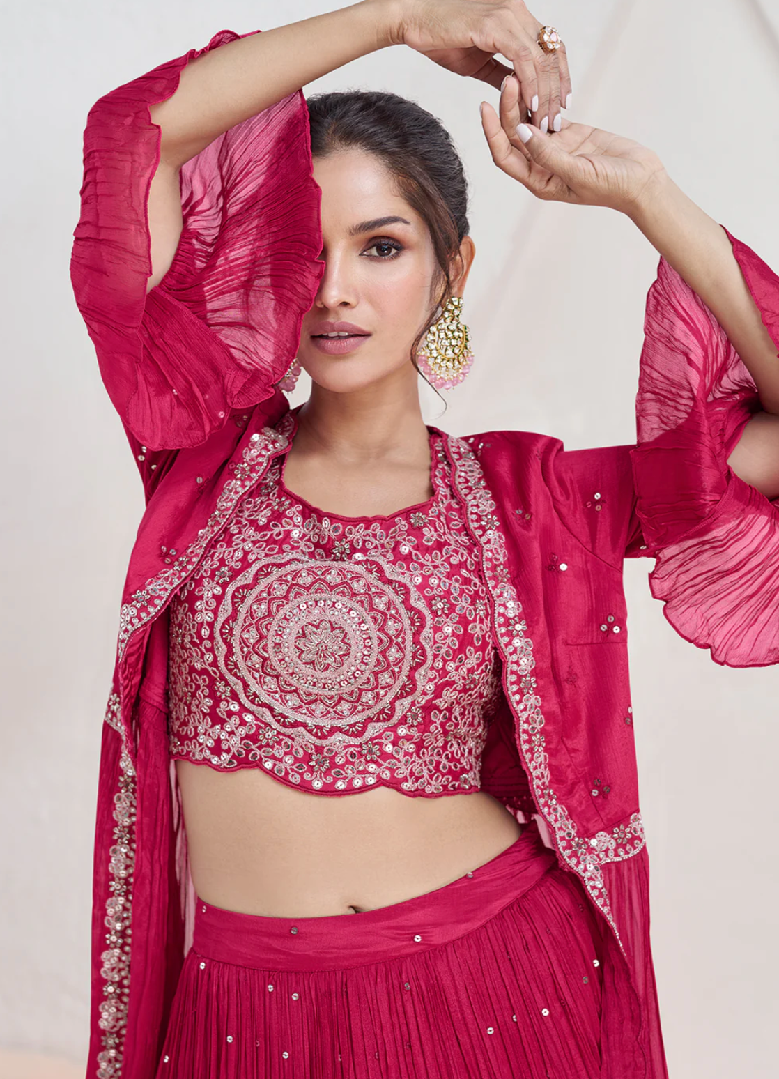 Georgette Embroidered Indo Western Lehenga Suit in Maroon