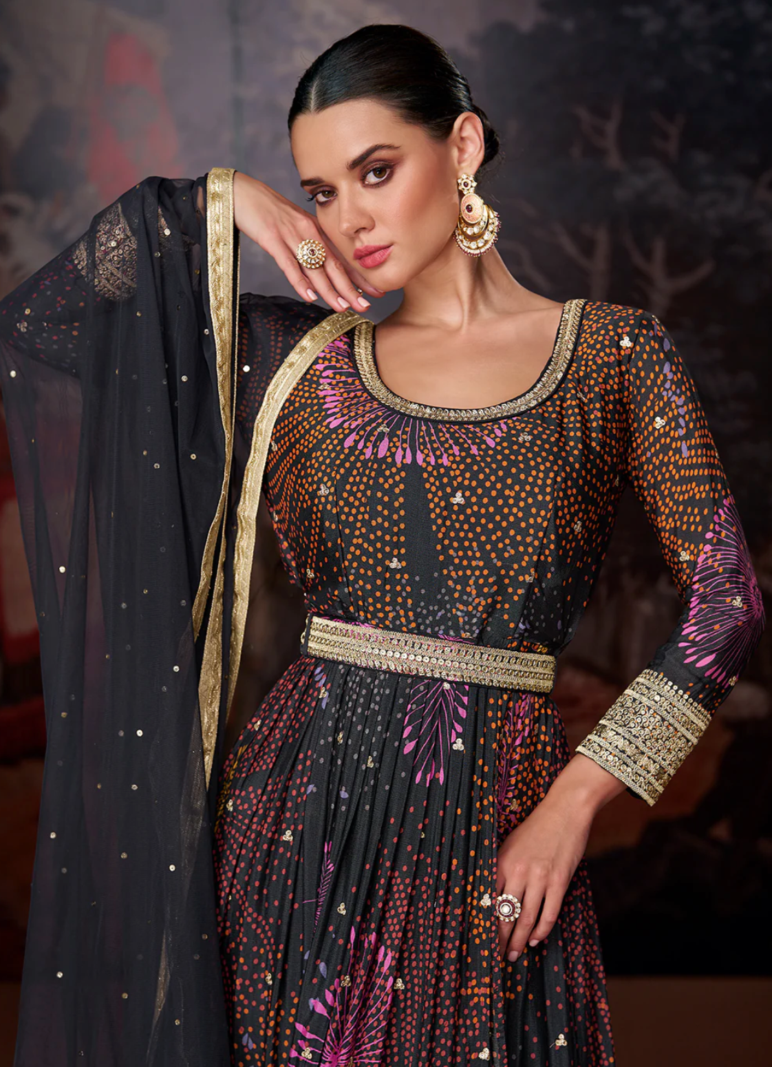 Black Printed Embroidered Georgette Anarkali Dress