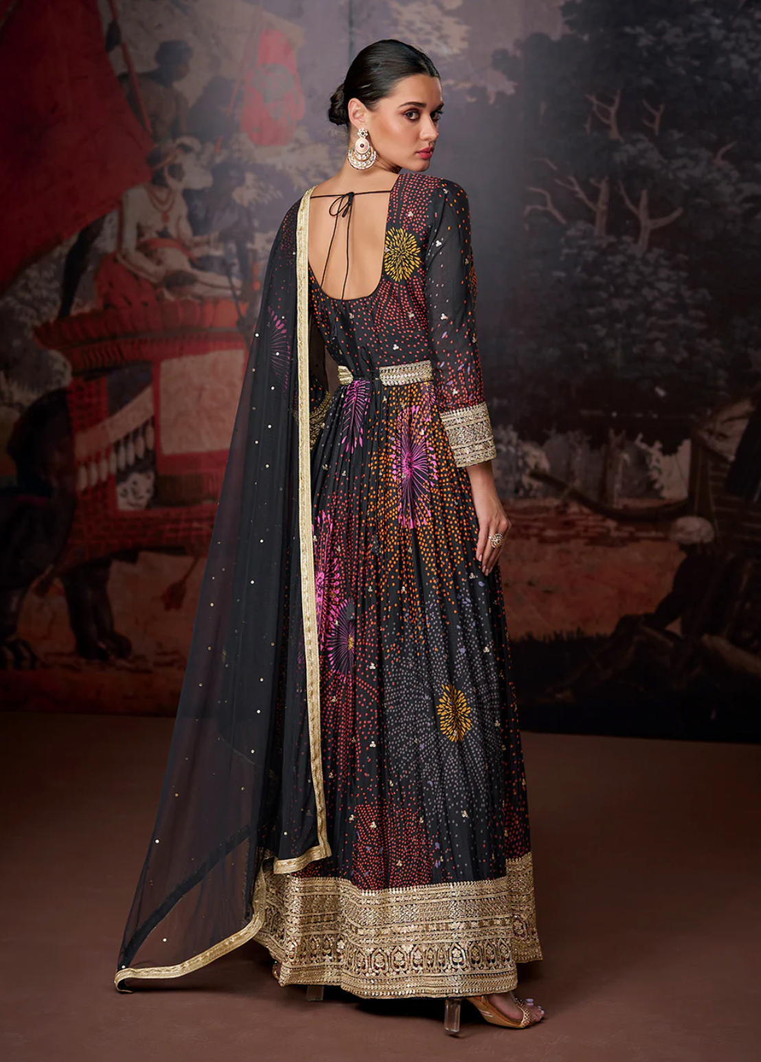 Black Printed Embroidered Georgette Anarkali Dress