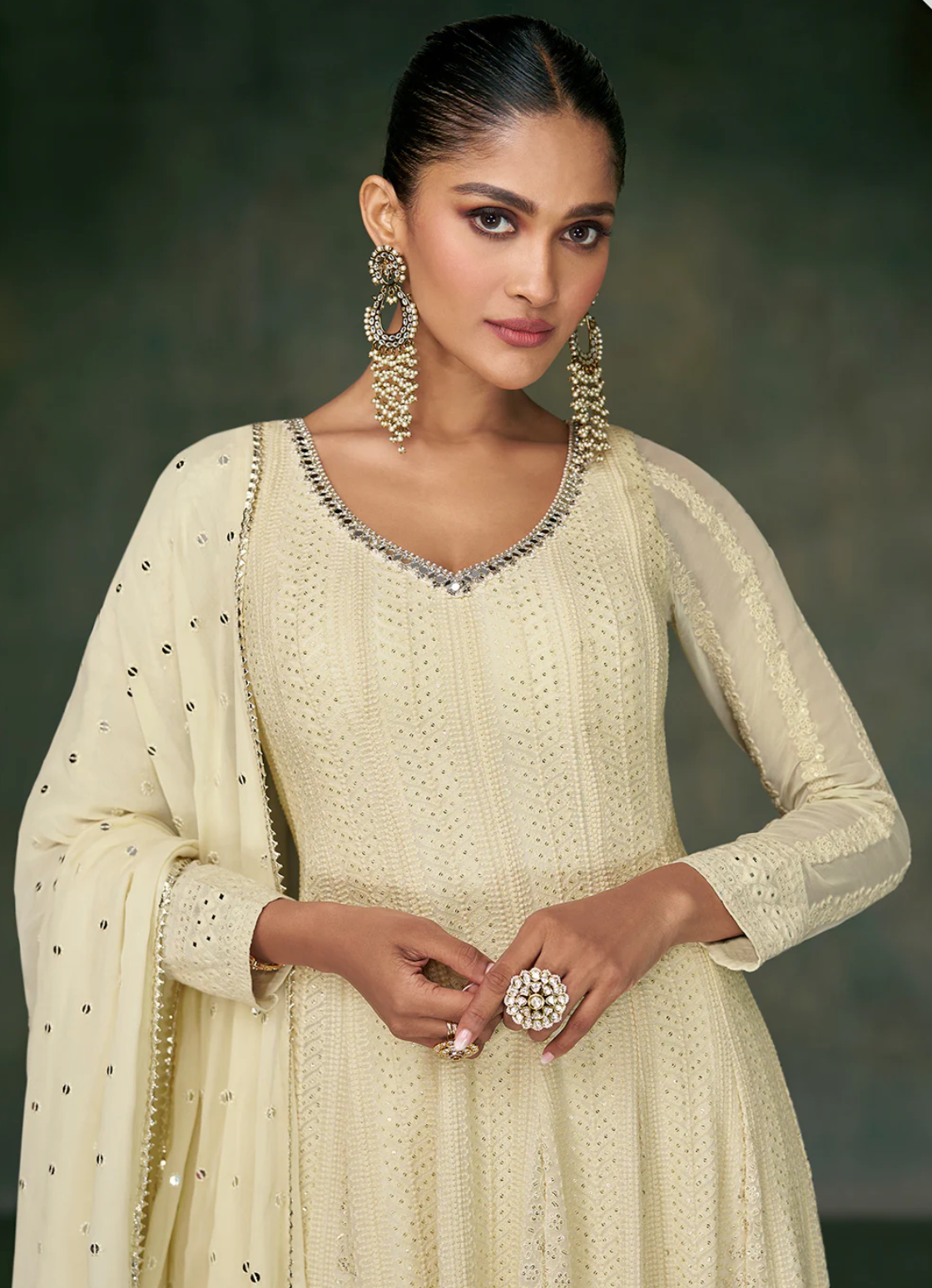 Ivory Georgette Embroidered Anarkali Gown Suit