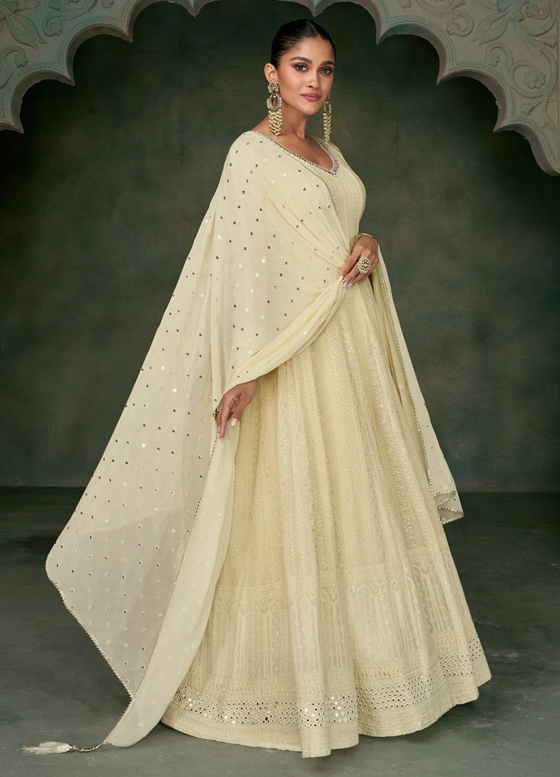 Ivory Georgette Embroidered Anarkali Gown Suit