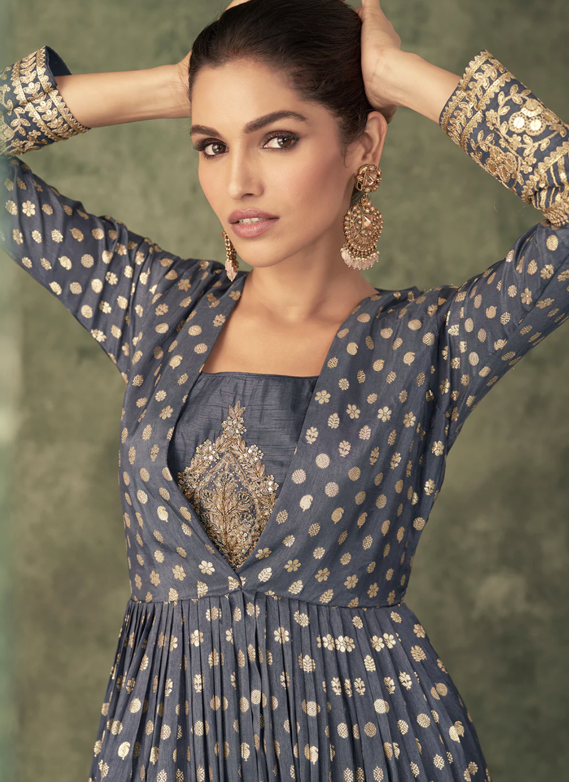 Grey Viscose Silk Embroidered Anarkali Gown with Jacket