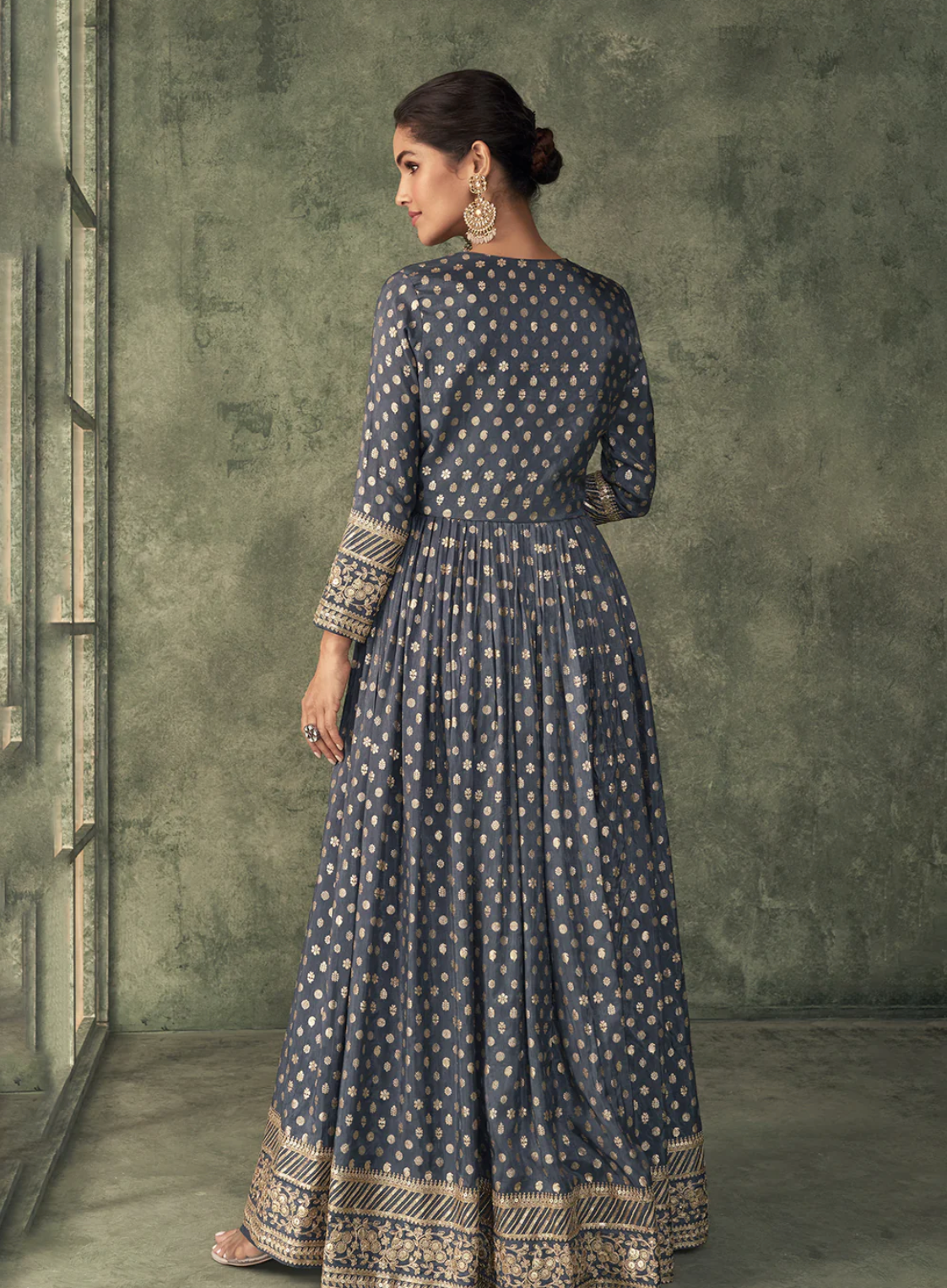 Grey Viscose Silk Embroidered Anarkali Gown with Jacket