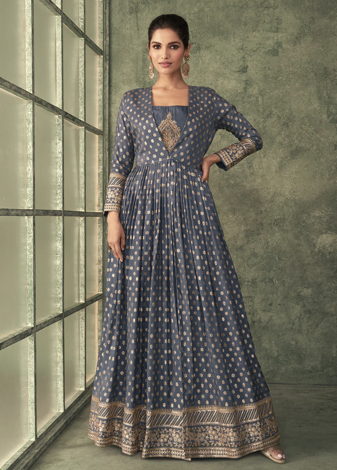 Grey Viscose Silk Embroidered Anarkali Gown with Jacket
