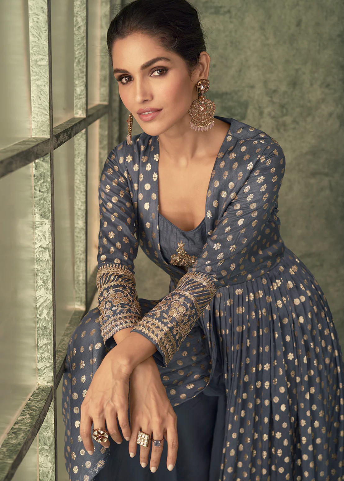Grey Viscose Silk Embroidered Anarkali Gown with Jacket