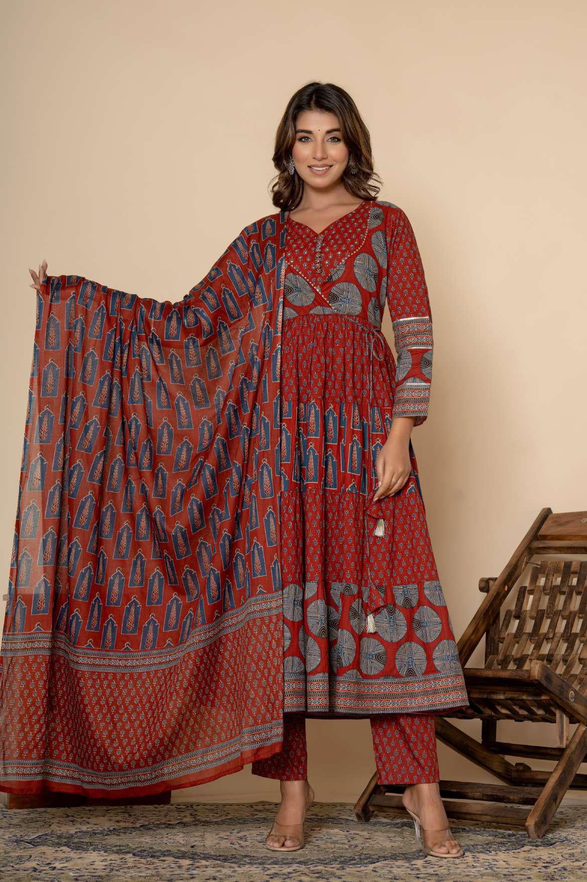 Ethnic Printed Cotton Anarkali Kurta Pant and Dupatta in Blue and Red