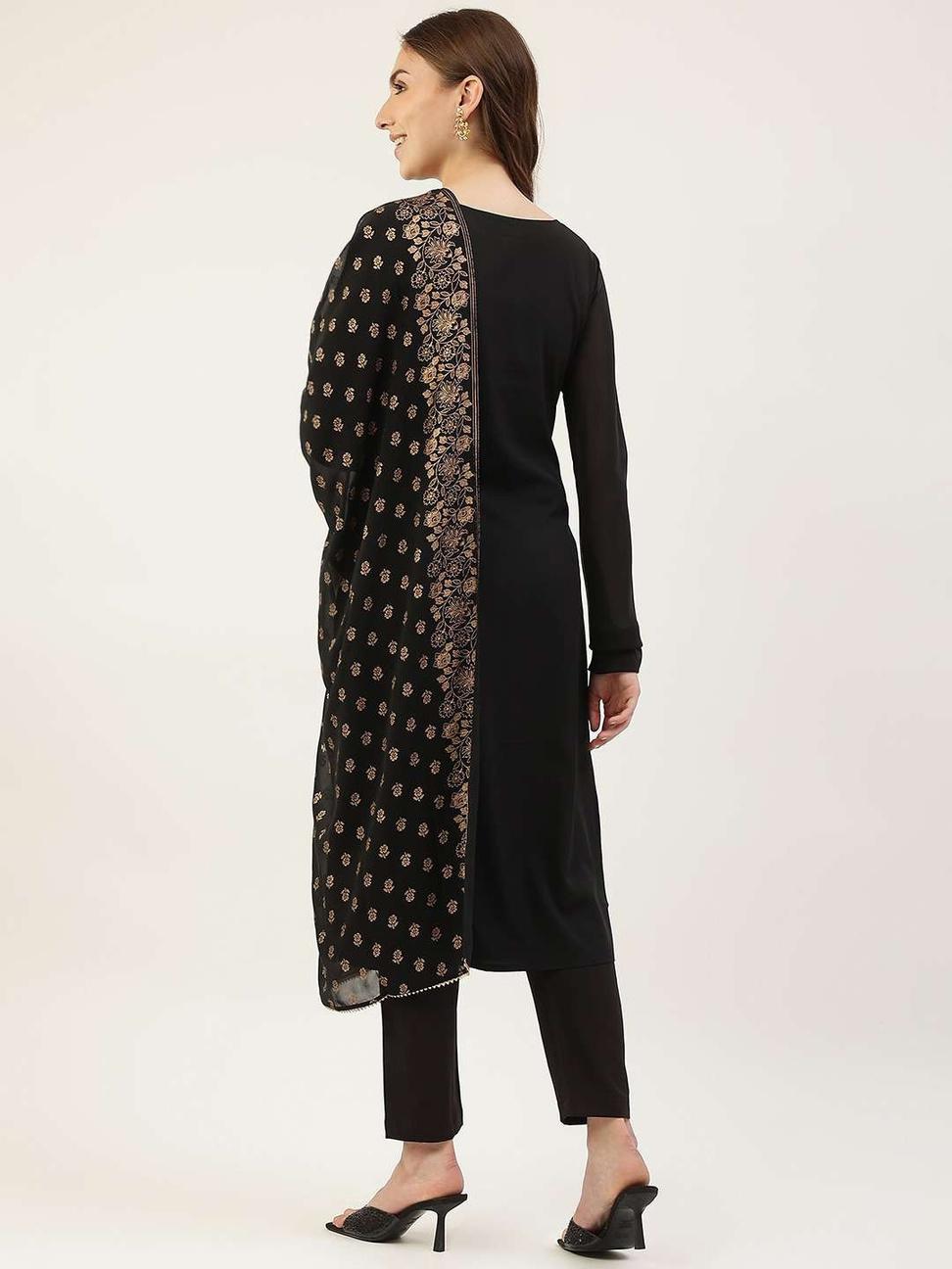 Embellished Straight Black Salwar Suit In Crepe Silk