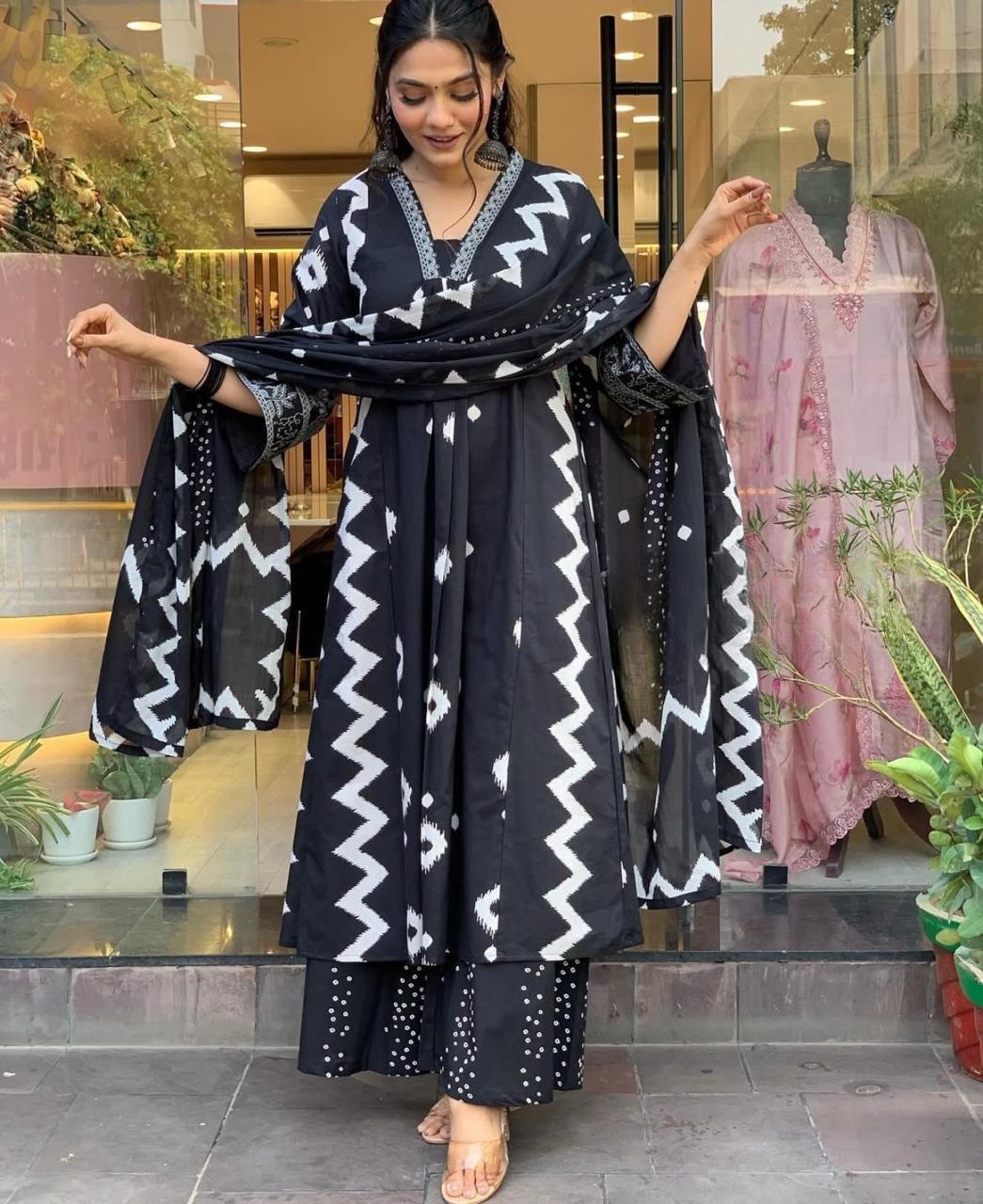 Cotton Anarkali Printed V-Neck Kurta and Palazzo and Dupatta Set in Black
