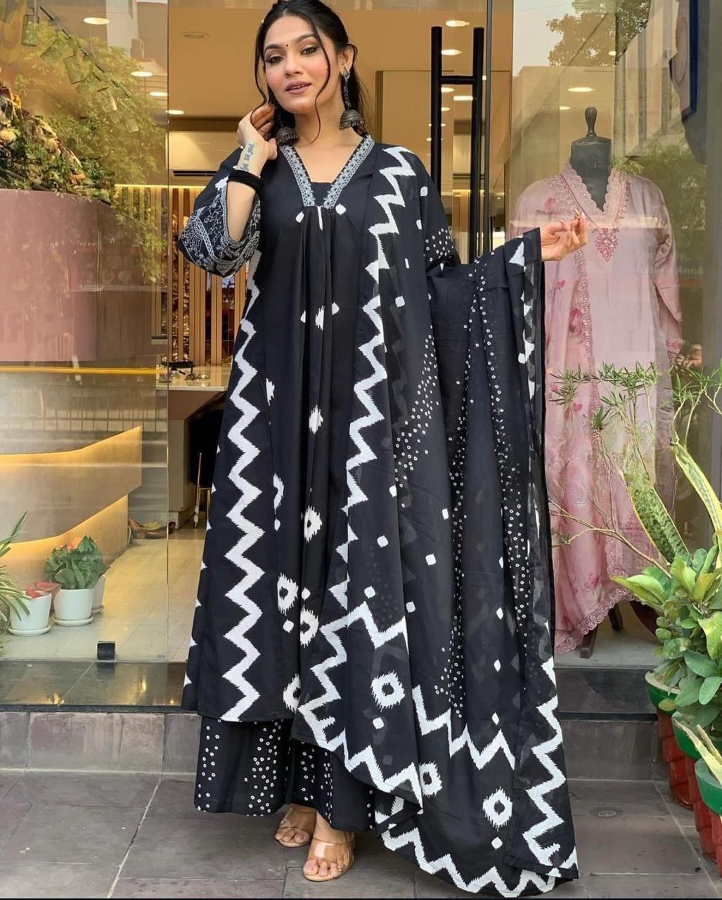 Cotton Anarkali Printed V-Neck Kurta and Palazzo and Dupatta Set in Black