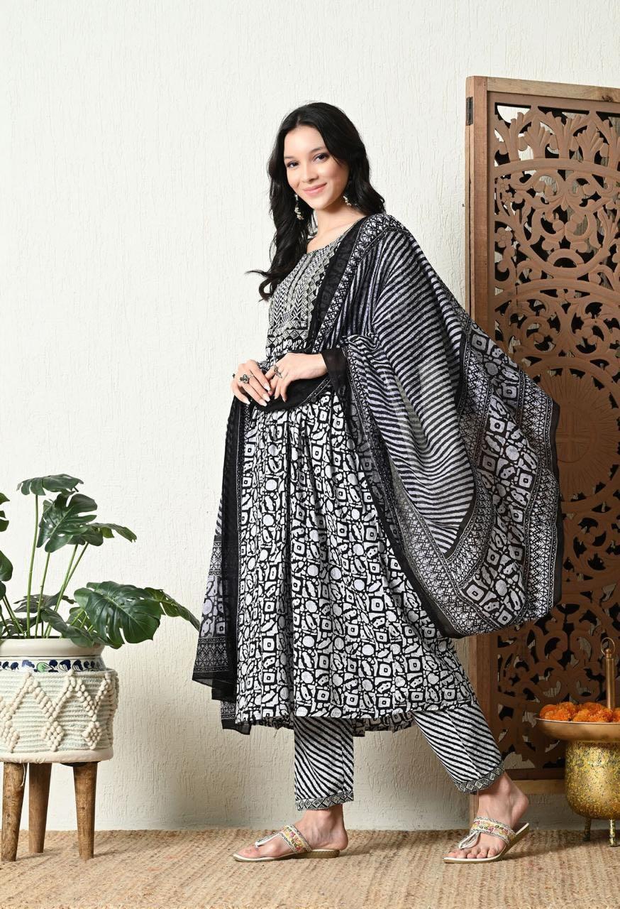 Black and White Printed Nyra Cut Kurta Pant with Dupatta Set