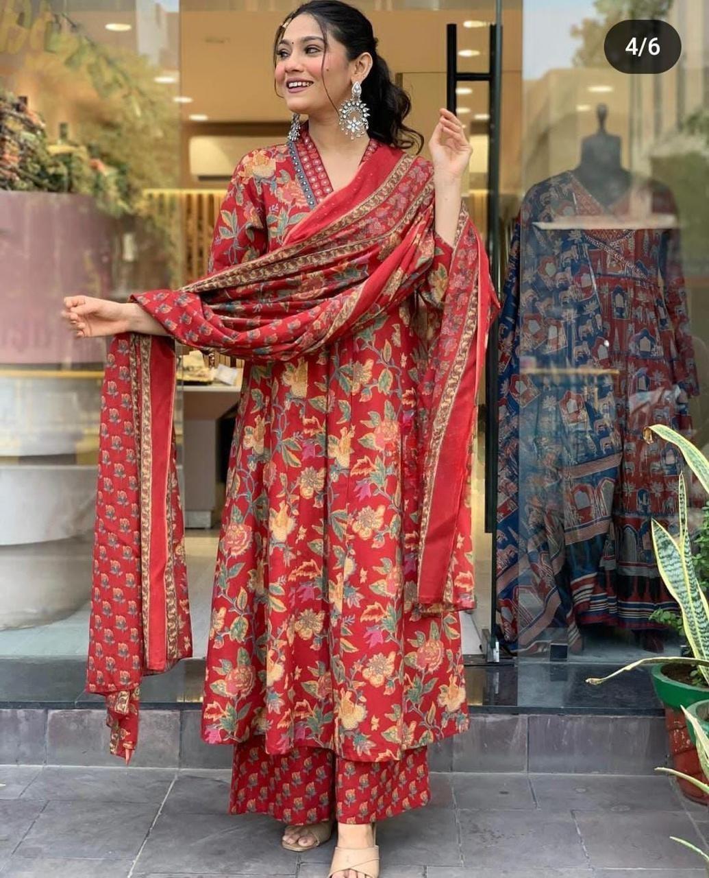 Vibrant Red Cotton Kurta Palazza and Dupatta Set