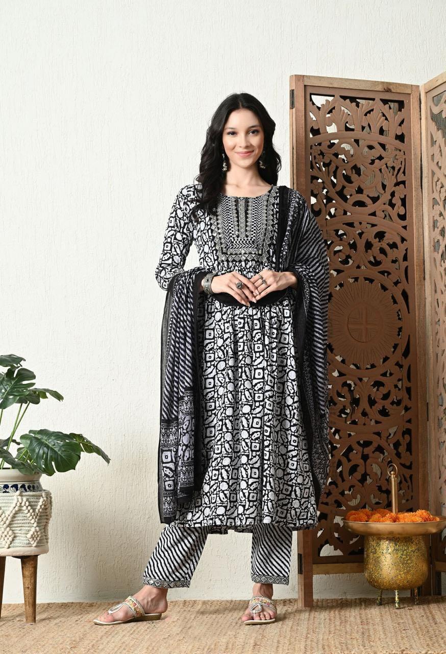 Black and White Printed Nyra Cut Kurta Pant with Dupatta Set