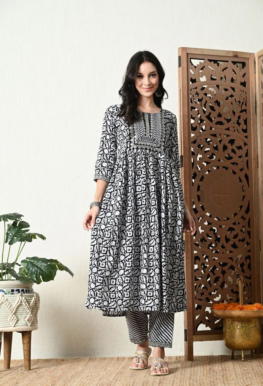 Black and White Printed Nyra Cut Kurta Pant with Dupatta Set