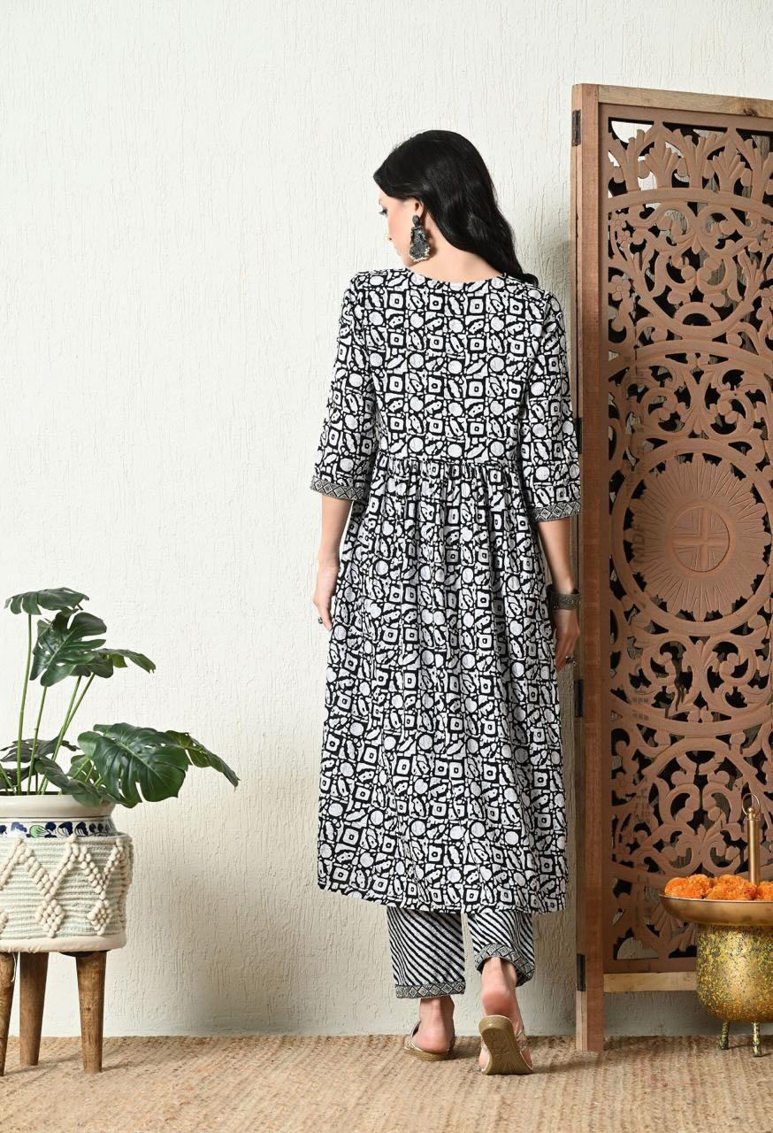 Black and White Printed Nyra Cut Kurta Pant with Dupatta Set