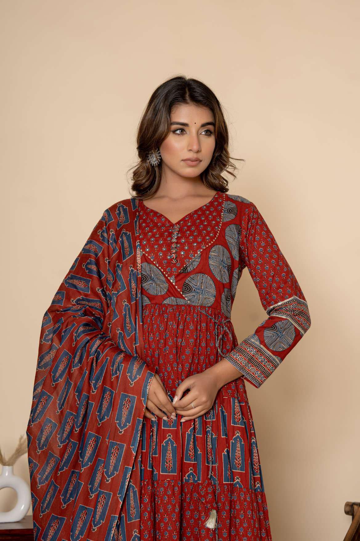 Ethnic Printed Cotton Anarkali Kurta Pant and Dupatta in Blue and Red