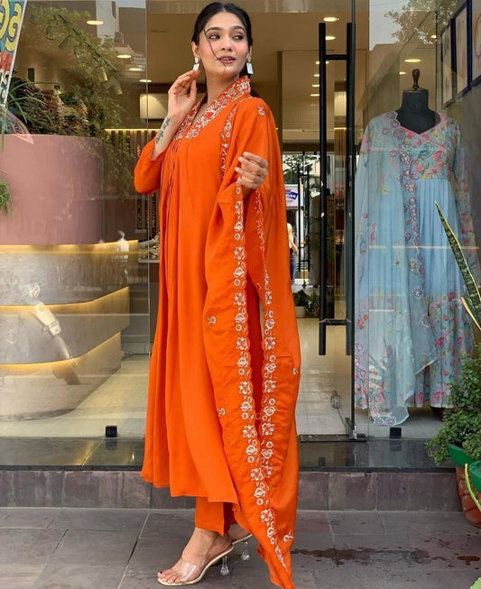 Orange V-Neck Embroidered A-line Anarkali Kurta Pant Dupatta Set