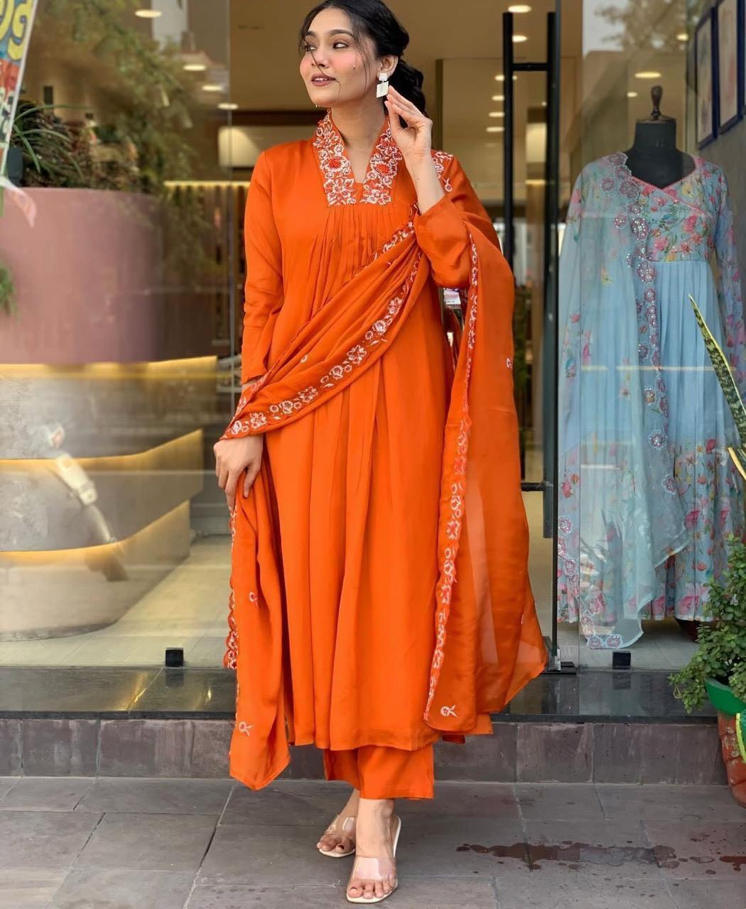 Orange V-Neck Embroidered A-line Anarkali Kurta Pant Dupatta Set