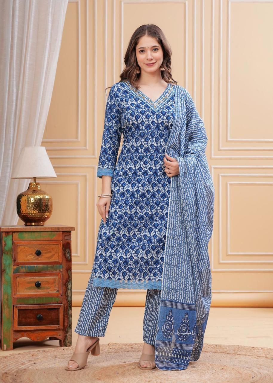 Blue Floral Printed Straight Salwar Kurta Pant Set