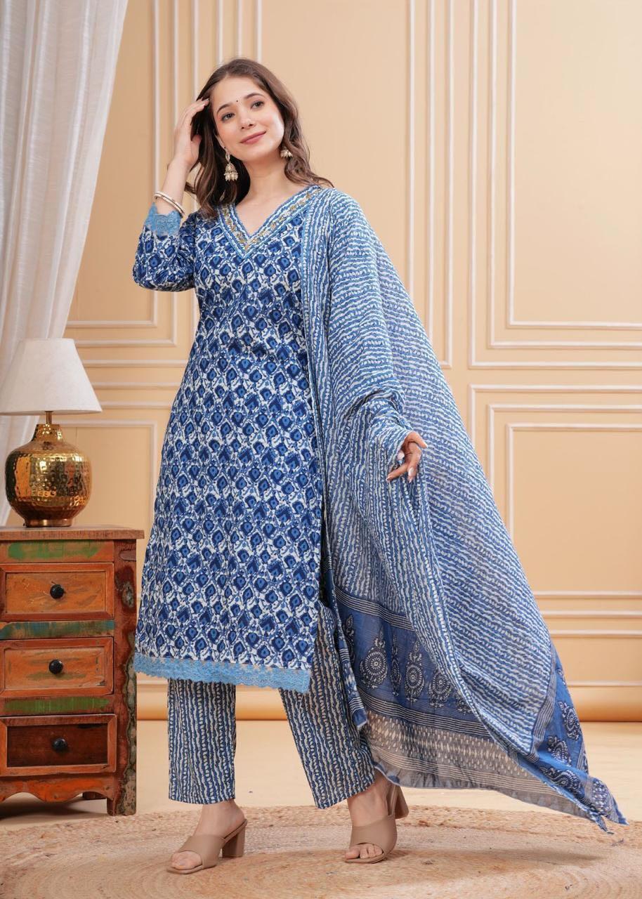 Blue Floral Printed Straight Salwar Kurta Pant Set