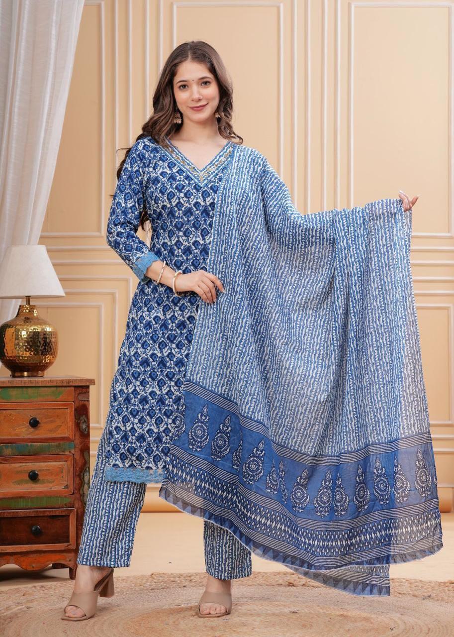 Blue Floral Printed Straight Salwar Kurta Pant Set