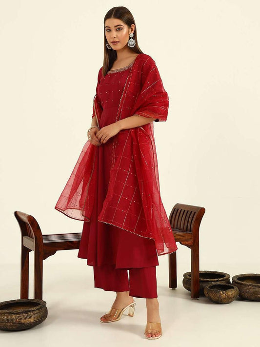 Maroon Red Viscose Chanderi Anarkali Salwar Suit