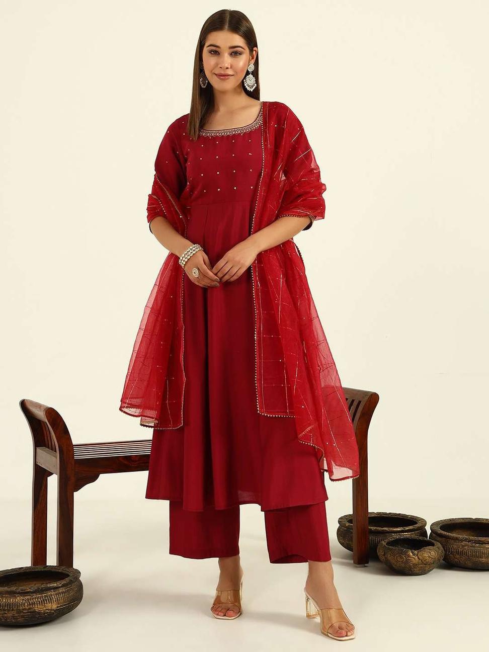 Maroon Red Viscose Chanderi Anarkali Salwar Suit