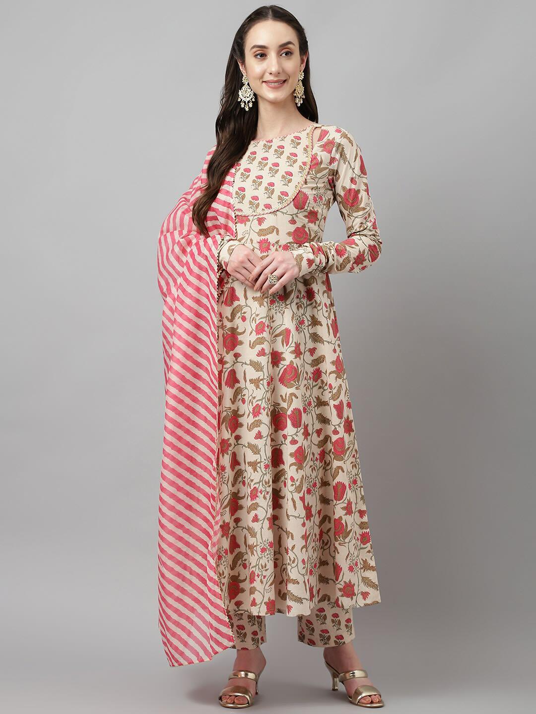 Beige Floral Printed Pure Cotton Kurta with Pants and Chiffon Dupatta