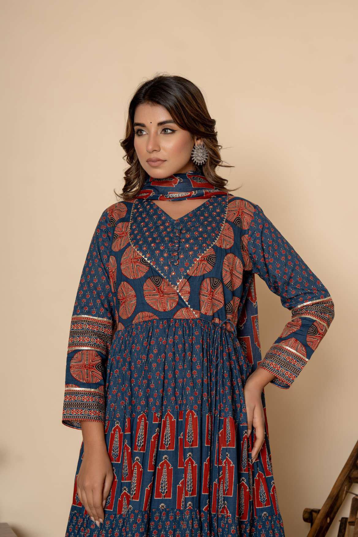 Ethnic Printed Cotton Anarkali Kurta Pant and Dupatta in Blue and Red