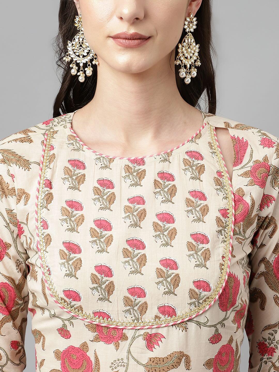 Beige Floral Printed Pure Cotton Kurta with Pants and Chiffon Dupatta