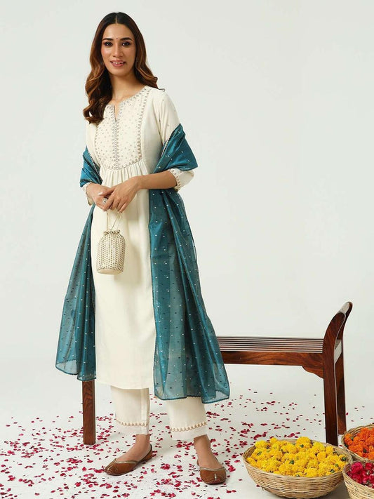 Ivory Silk Blend Embroidered Salwar Suit with Dupatta