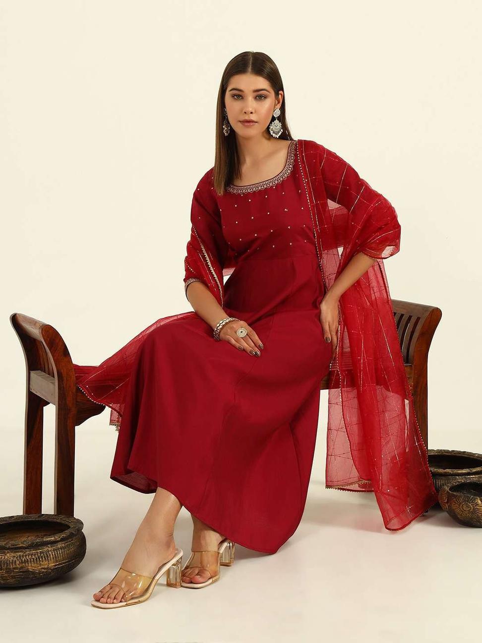 Maroon Red Viscose Chanderi Anarkali Salwar Suit