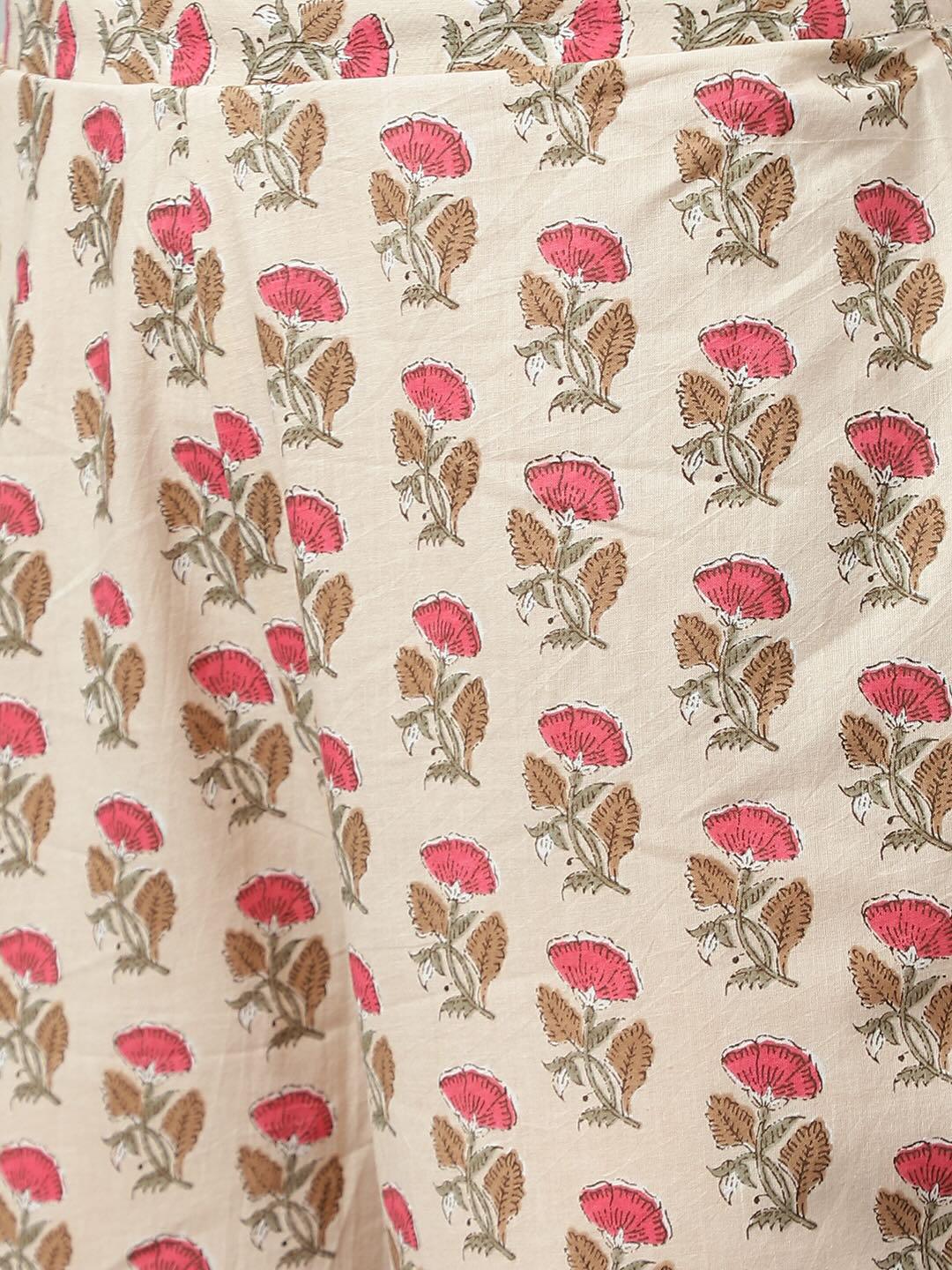 Beige Floral Printed Pure Cotton Kurta with Pants and Chiffon Dupatta