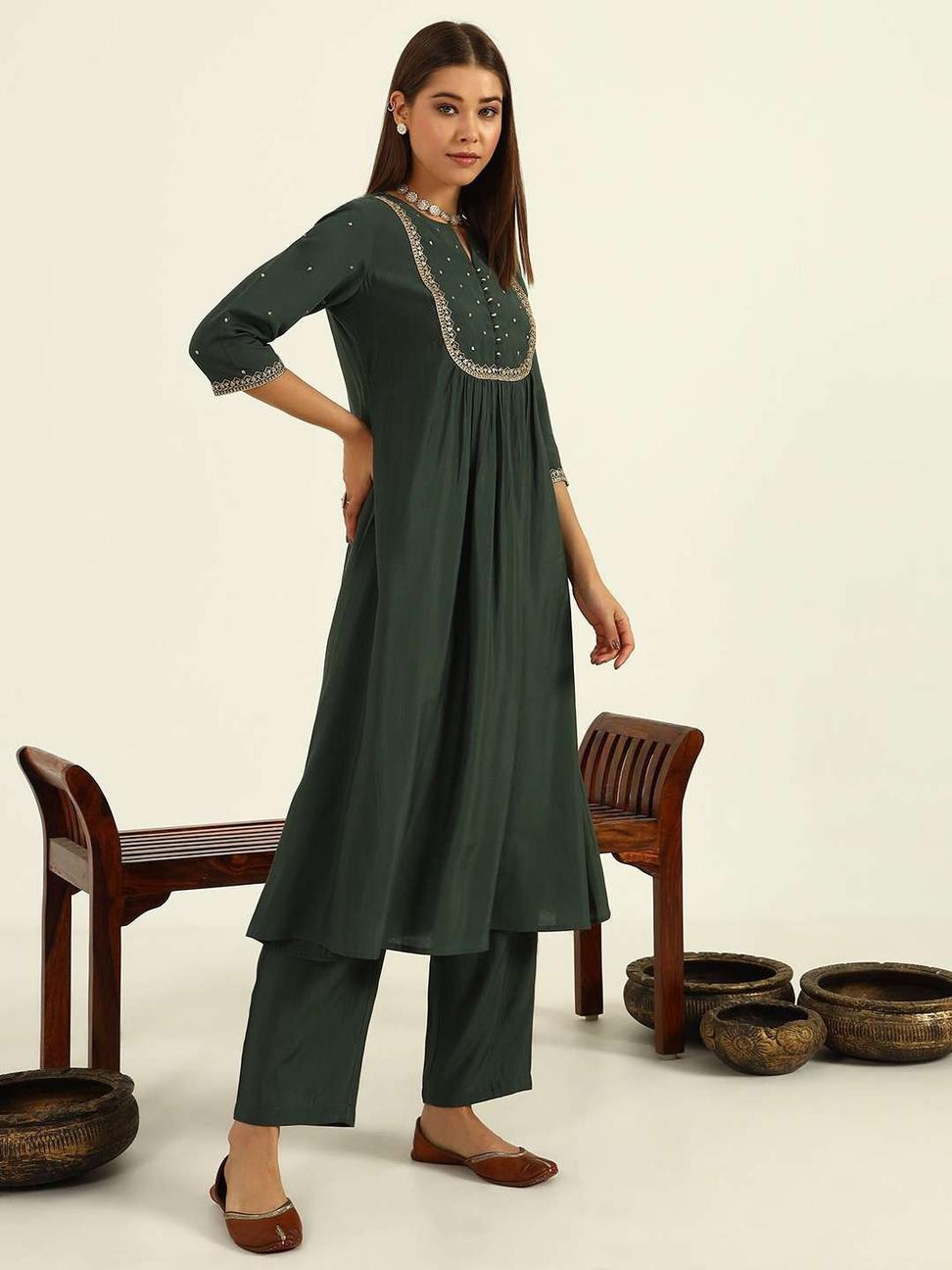 Green Viscose Chanderi A-line Kurta with Pant and Dupatta